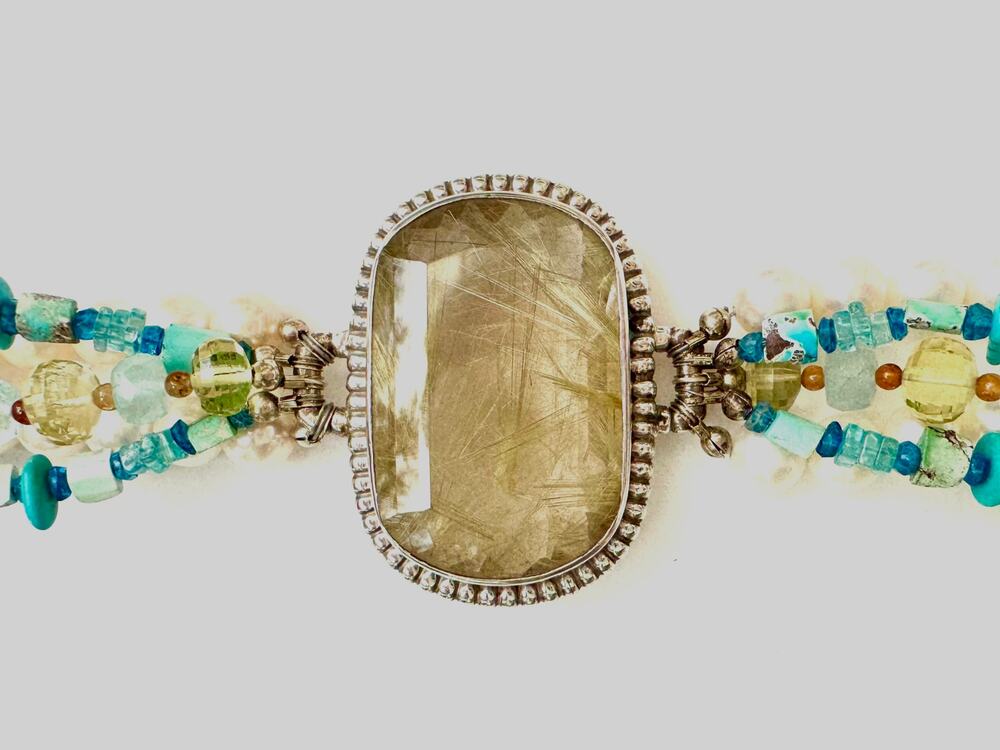 Golden Rutile Quartz Bracelet Sterling Silver Pearl Turquoise Toggle Closure